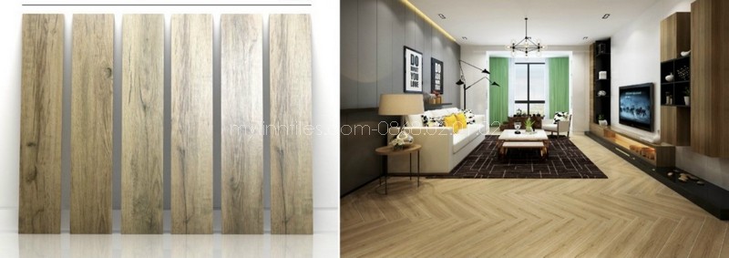 Gạch lát nền phòng khách đẹp giả vân gỗ màu xám giúp không gian trở nên rộng hơn