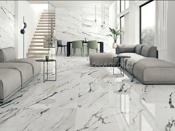 Gạch lát nền vân đá marble cho không gian phòng khách với bề mặt bóng kiếng chống trầy xước tốt