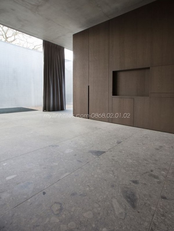 Gạch lát nền vân terrazzo sử dụng cho cả phòng khách hoặc các không gian thông gian với với có diện tích lớn