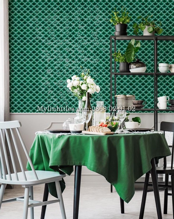 Gạch mosaic gốm màu xanh ốp tường