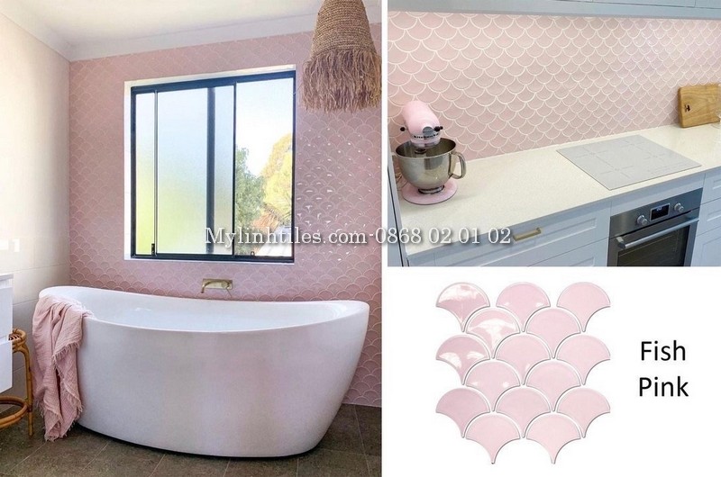 Gạch vảy cá ốp tường nhà tắm màu hồng