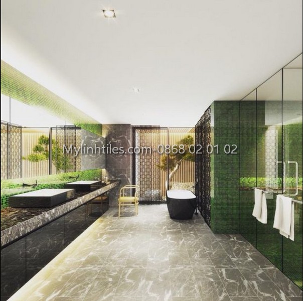 Nhà tắm sử dụng gạch lát nền vân đá 30x60 phối gạch mosaic